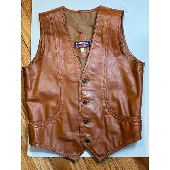 Brittania Brown Leather Western Vest with V-Neck - Picture 1 of 5